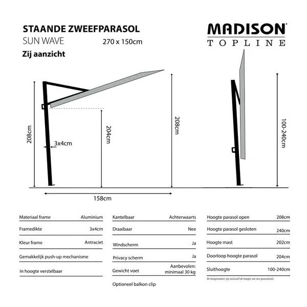 Madison Parasol Sun Wave 270 × 150 Cm - Taupe - Afbeelding 6